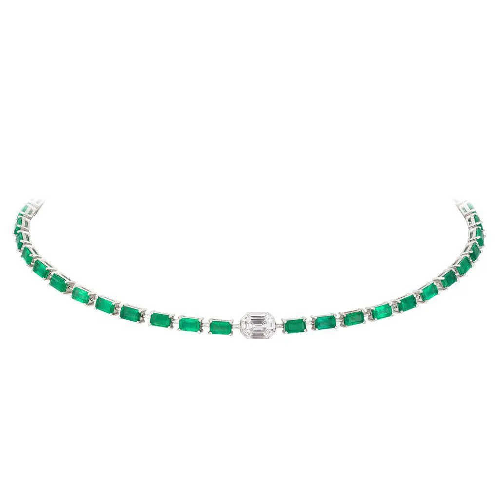 10.53ct Diamond Emerald 18K Gold Half Tennis Choker Necklace