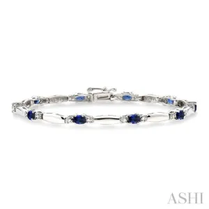 1/10 Ctw Bar and Oval Mount Round Cut Diamond & 5x3MM Oval Cut Sapphire Precious Bracelet in 10K White Gold