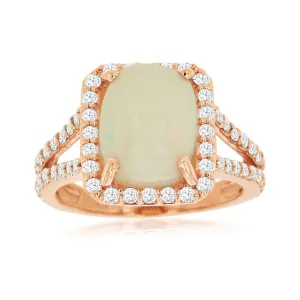 14k Rose Gold Cushion Cabochon Opal and Diamond Ring