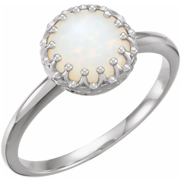 14K White 8 mm Natural Opal Crown Cabochon Ring