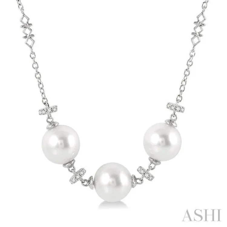 1/5 ctw 8x8MM Triple Cultured Pearl and Round Cut Diamond Circular Mount Necklace in 14K White Gold