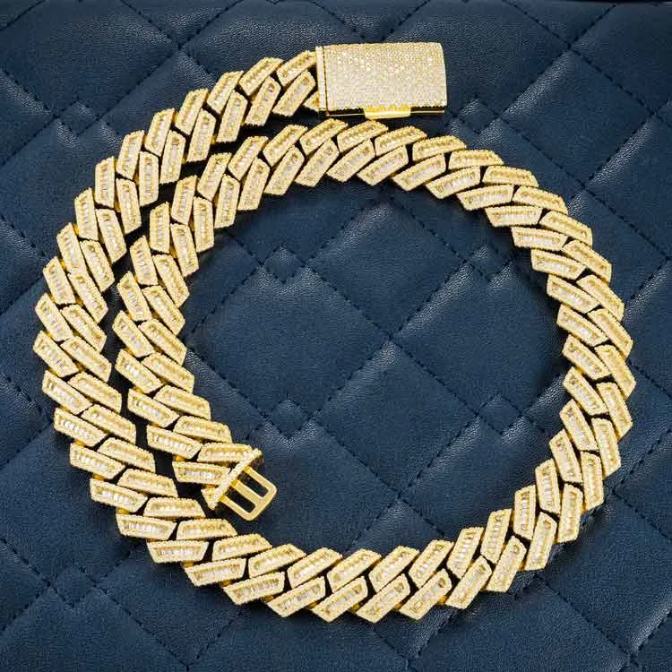 15MM Moissanite Baguette Cuban Link Chain 14K Gold