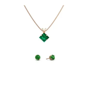 18K Rose Gold 4ct Emerald Princess Cut 18 Inch Necklace and Round Earrings Set Plated