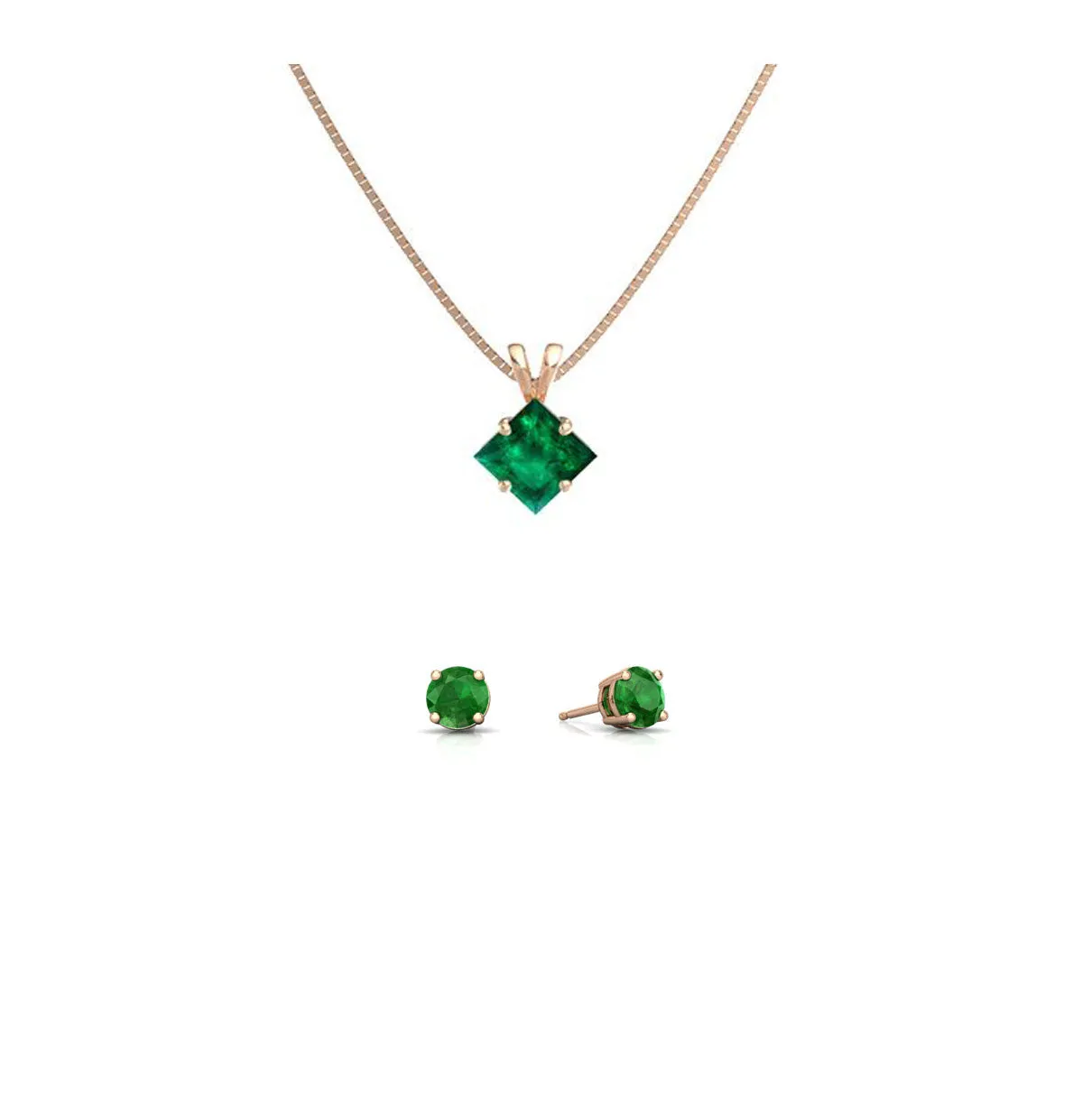 18K Rose Gold 4ct Emerald Princess Cut 18 Inch Necklace and Round Earrings Set Plated