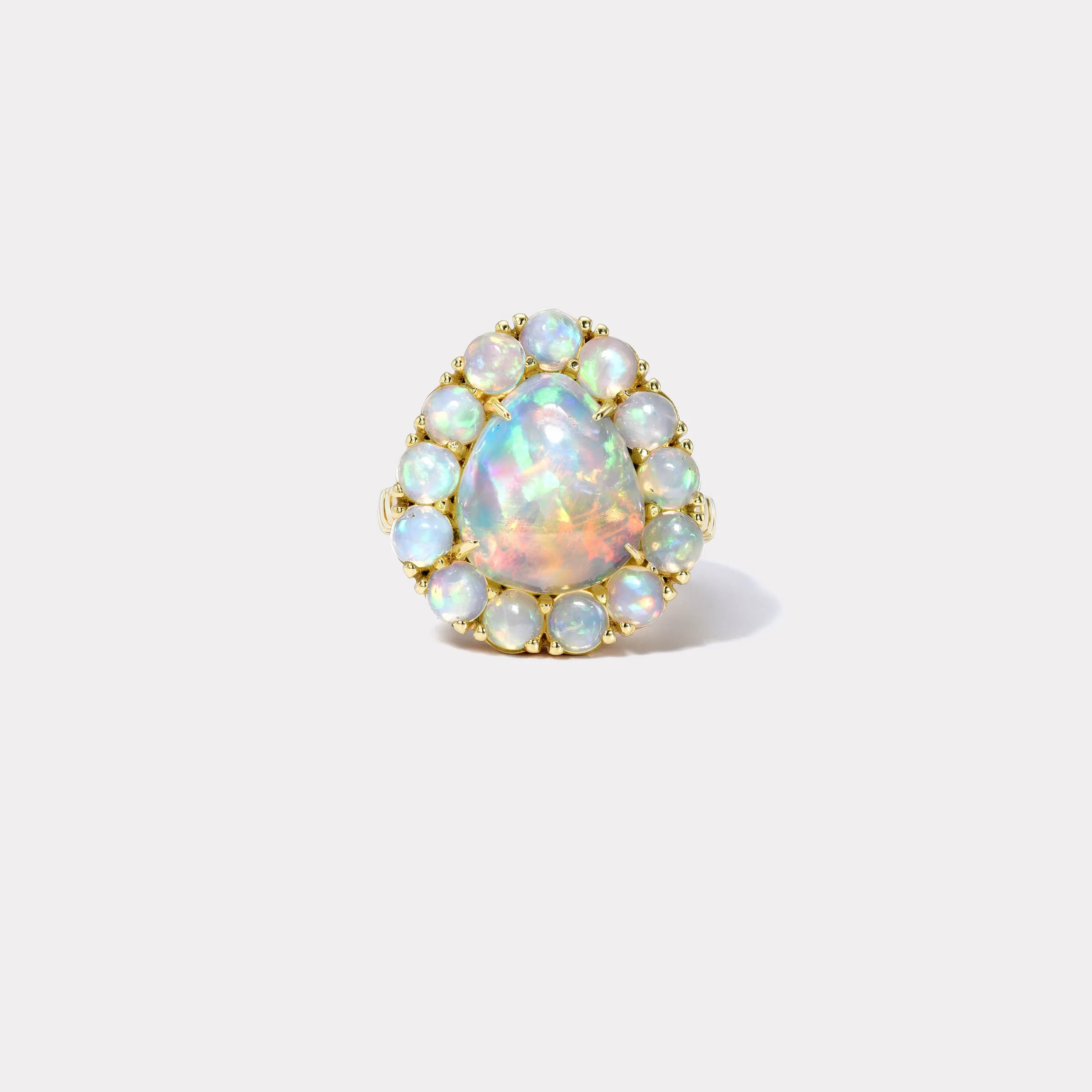 2.18ct Ethiopian Opal Pear Cabochon and Opal Halo Heirloom Bezel Ring