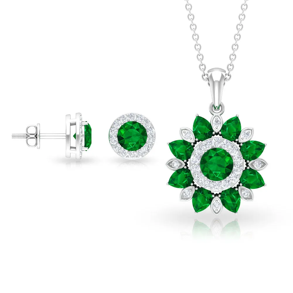 3 CT Emerald and Moissanite Floral jewelry Set