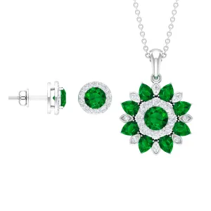 3 CT Emerald and Moissanite Floral jewelry Set