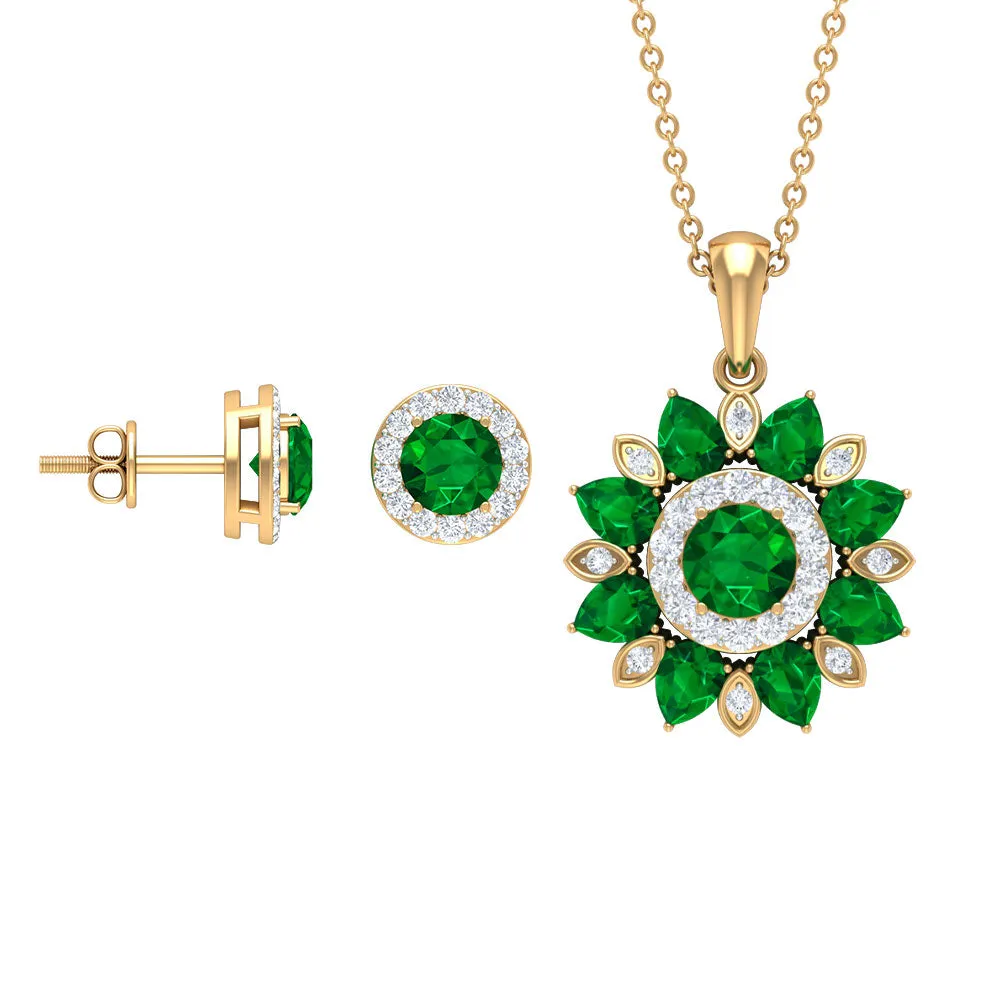 3 CT Emerald and Moissanite Floral jewelry Set