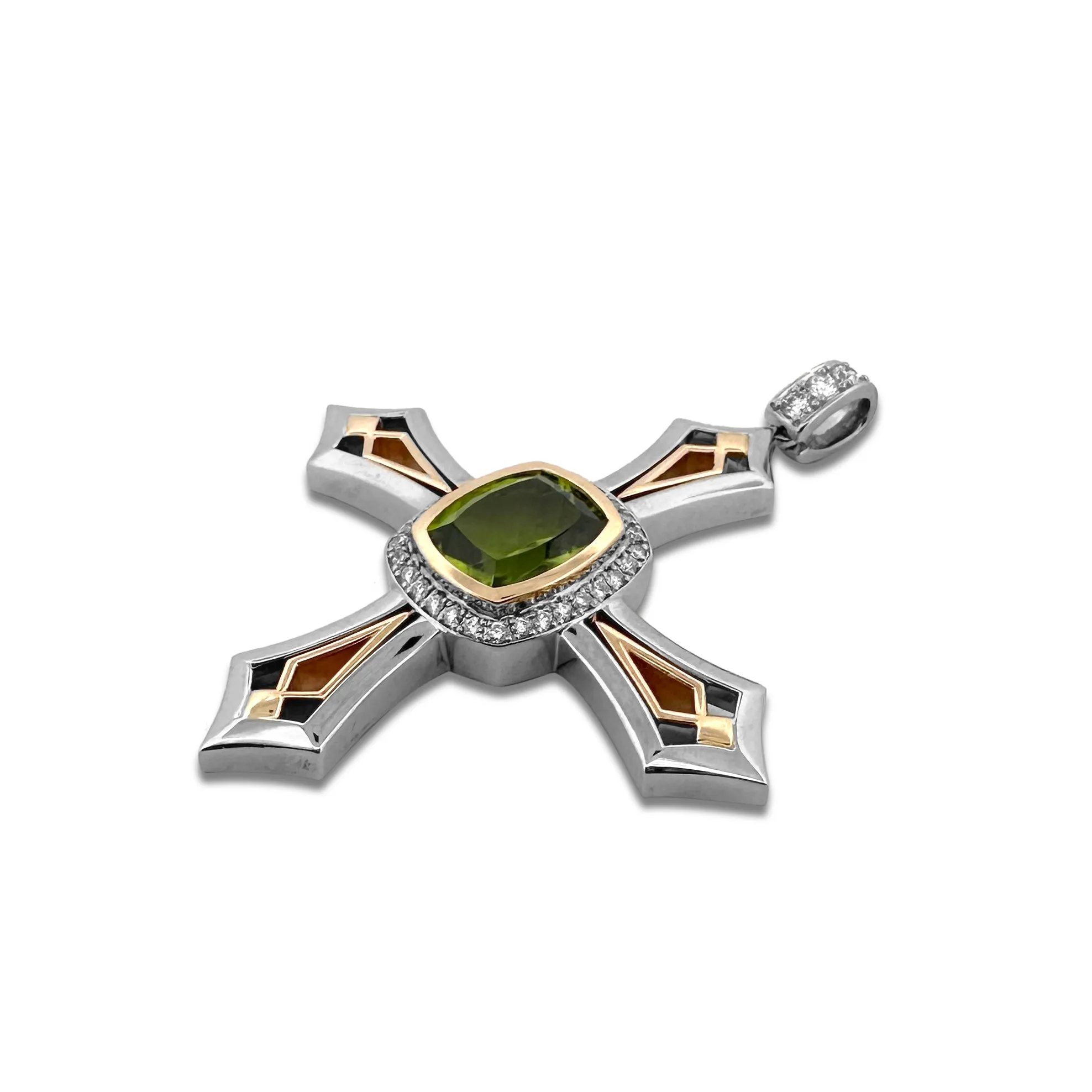 6ct Cushion Cut Peridot with Round Brilliant Diamond Cross Pendant in 14k Two-tone Gold