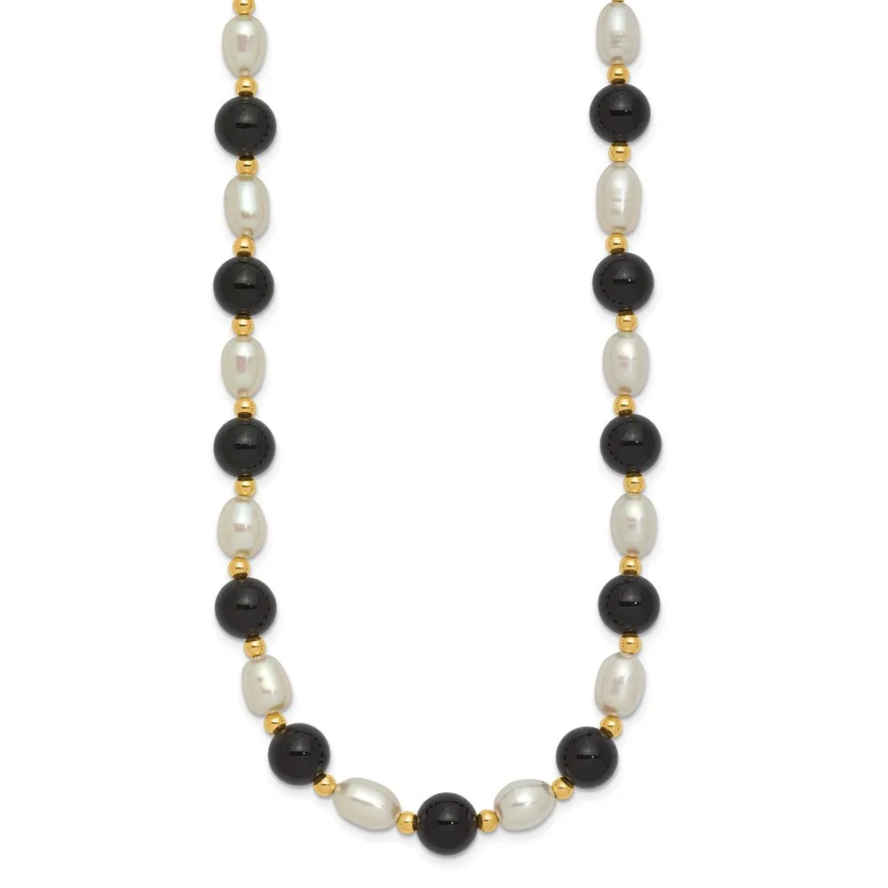 6X7MM Pearl and Onyx 17-inch Necklace in 14KT Yellow Gold