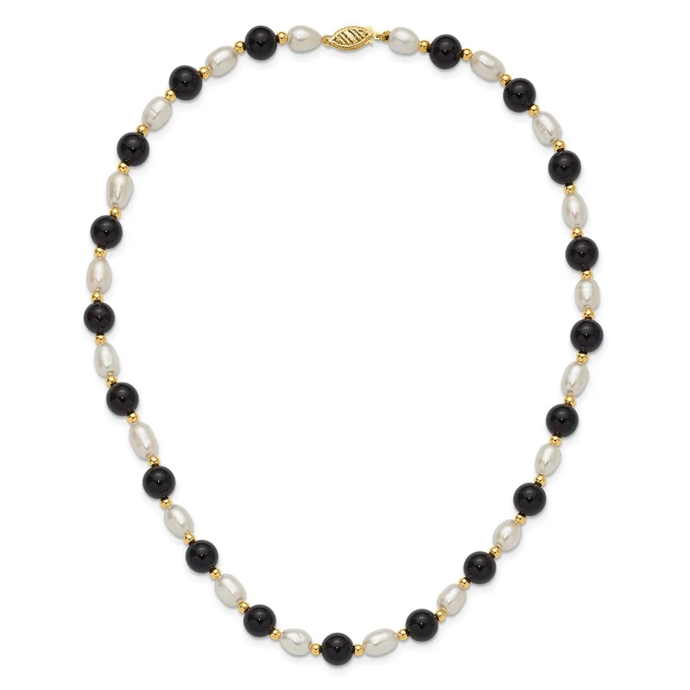 6X7MM Pearl and Onyx 17-inch Necklace in 14KT Yellow Gold