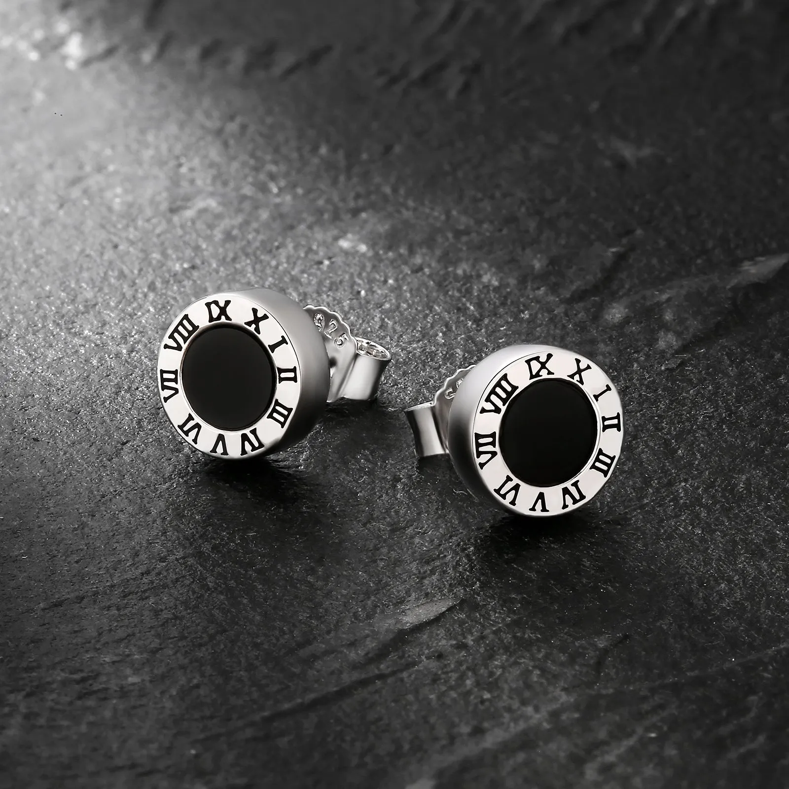 8mm Roman Numerals Black Agate Round Iced Stud Earrings for Men