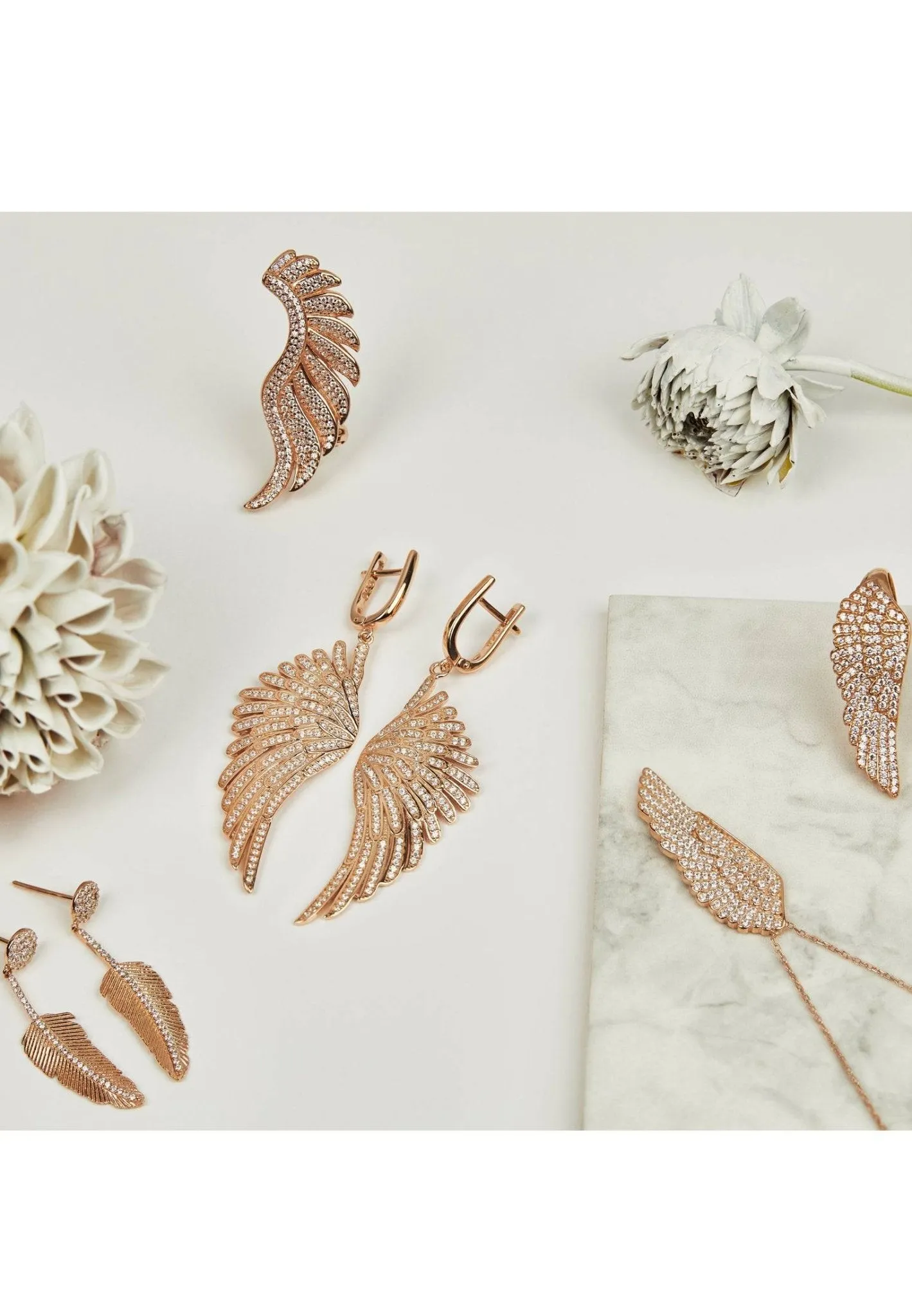 Angel Wing Drop Earrings Rosegold White