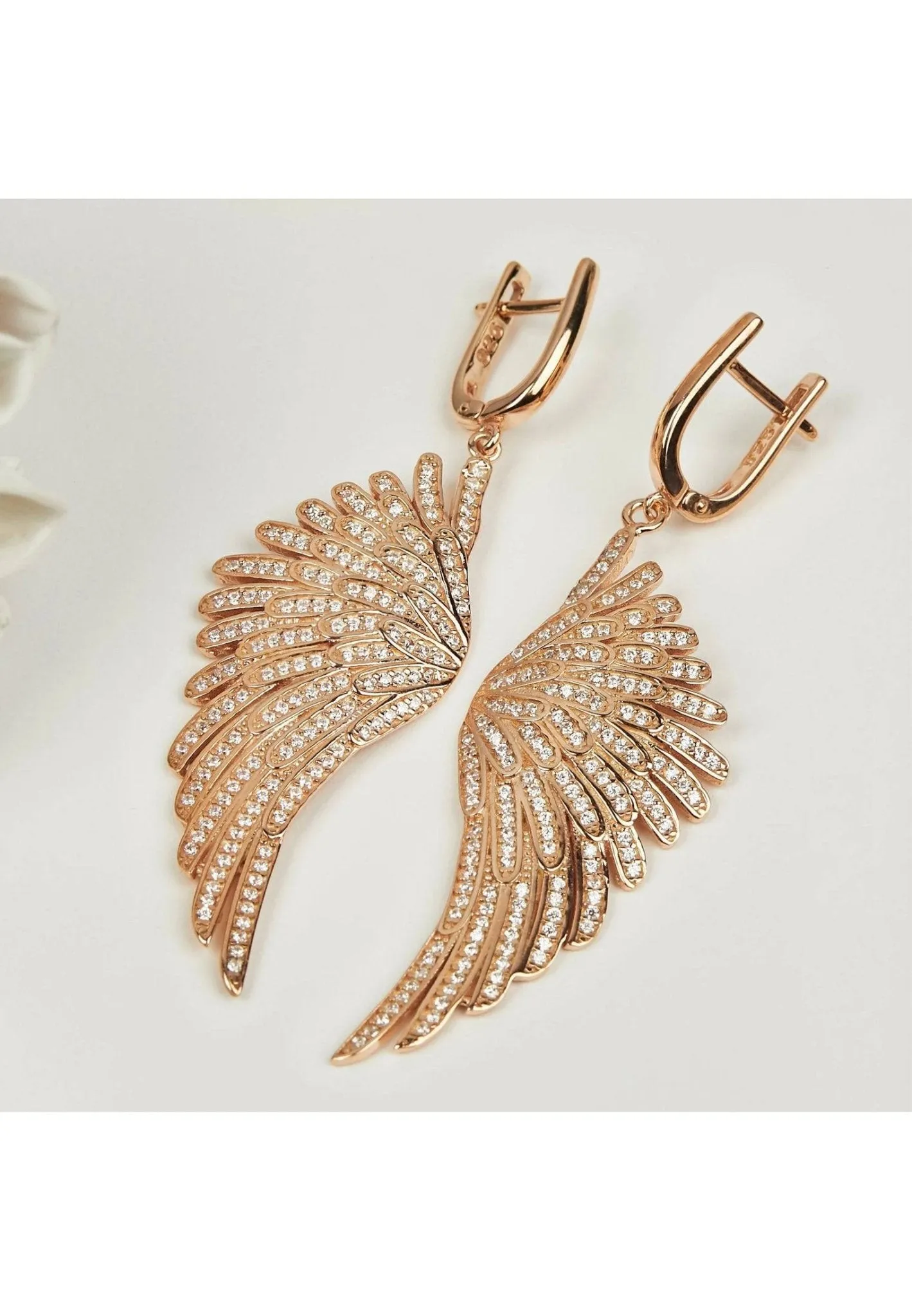 Angel Wing Drop Earrings Rosegold White