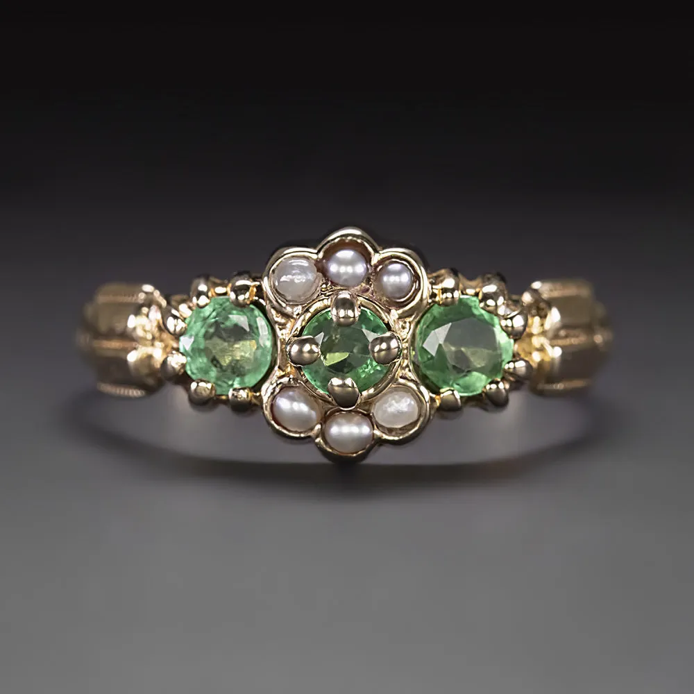 ANTIQUE EMERALD PEARL COCKTAIL RING ART NOUVEAU 10k YELLOW GOLD NATURAL ESTATE