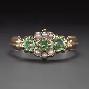 ANTIQUE EMERALD PEARL COCKTAIL RING ART NOUVEAU 10k YELLOW GOLD NATURAL ESTATE