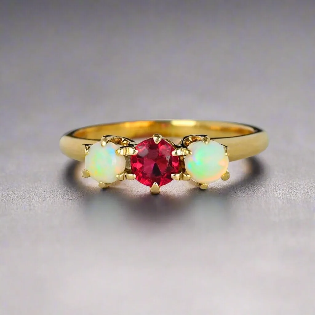 Antique JR Woods 14K Gold Three Stone Ruby Opal Ring