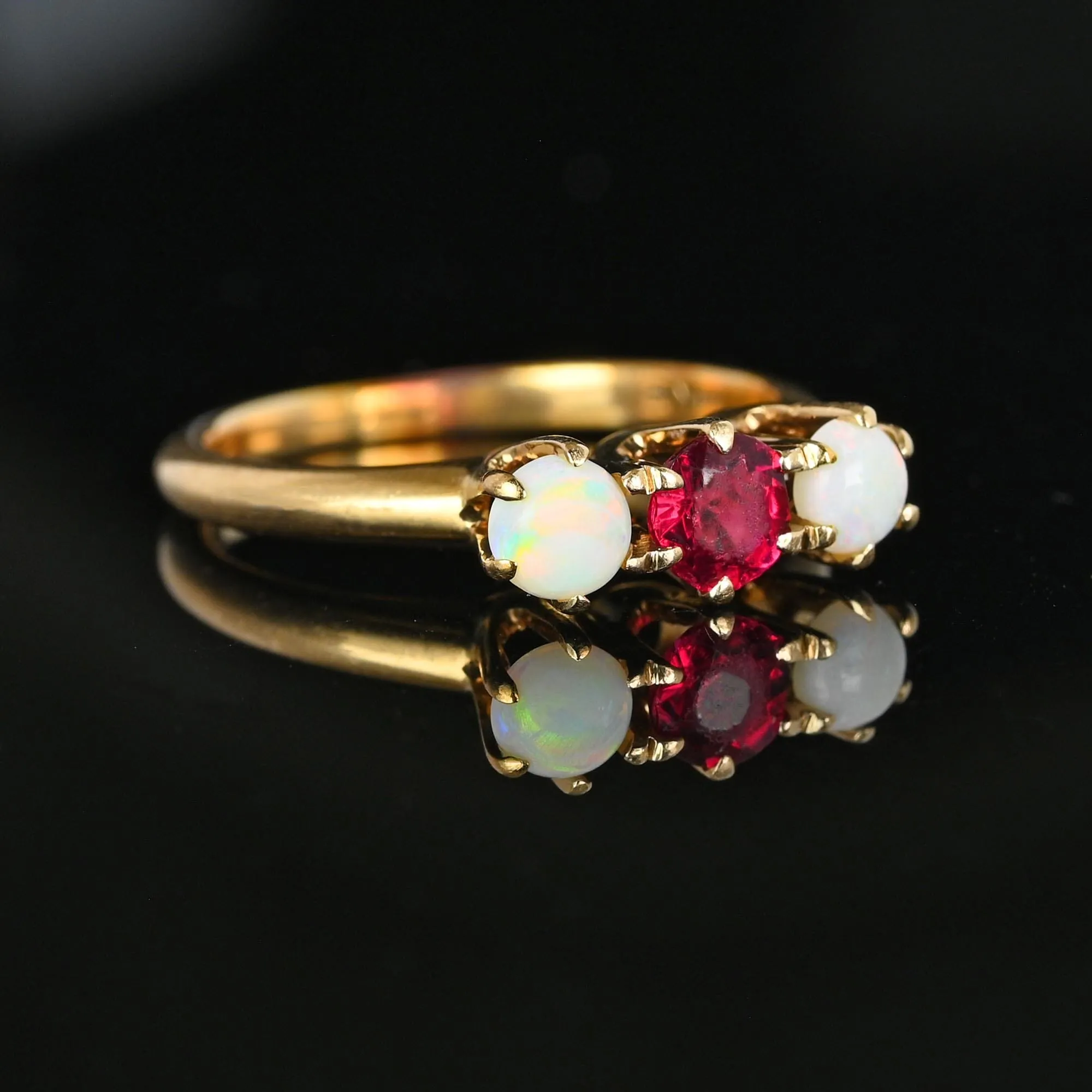 Antique JR Woods 14K Gold Three Stone Ruby Opal Ring