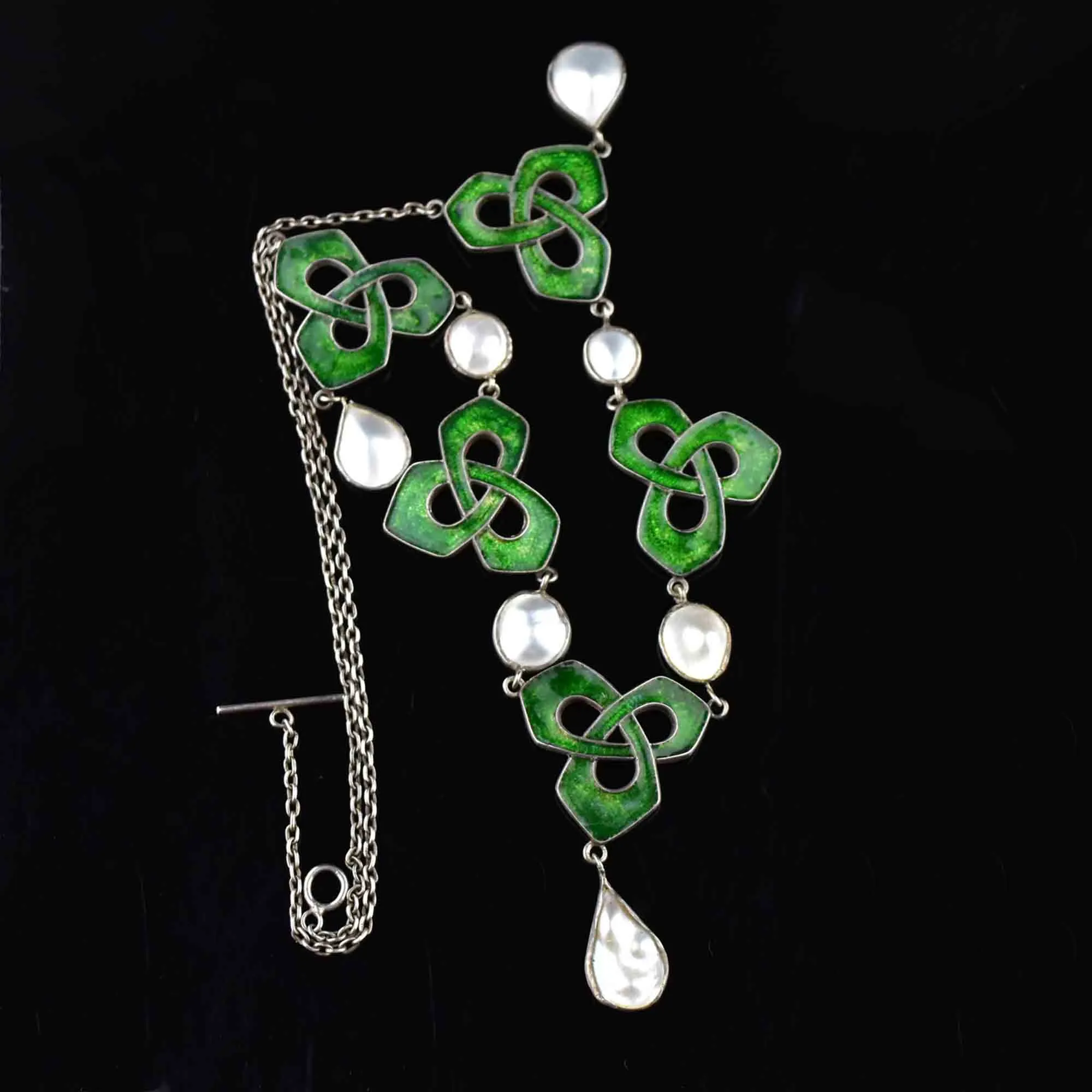 Art Deco Blister Pearl Green Enamel Trinity Knot Necklace