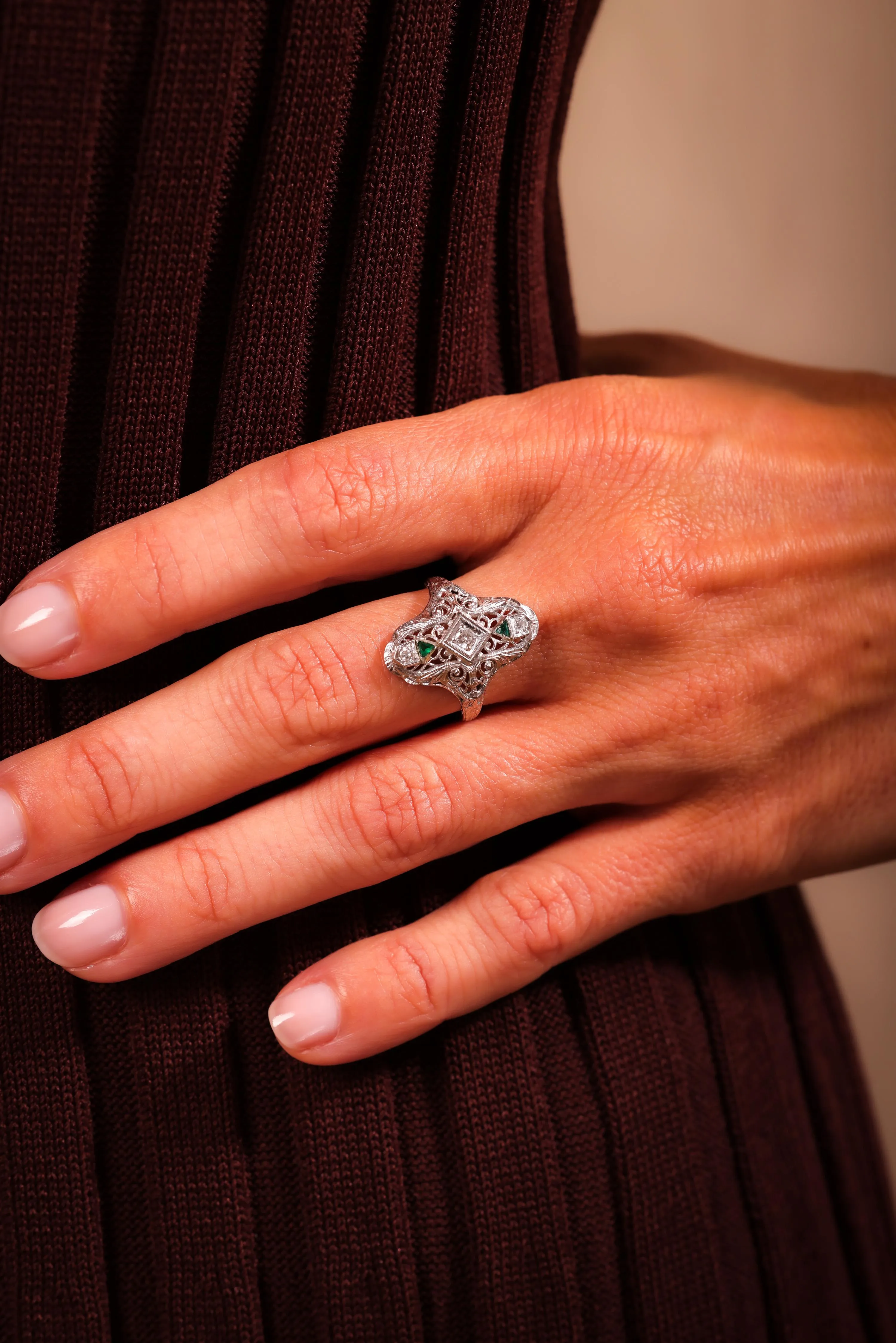 Art Deco Diamond Emerald Platinum Navette Ring