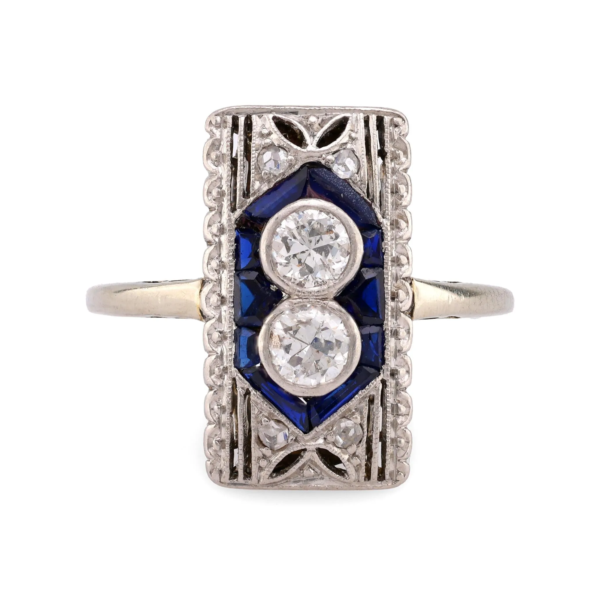 Art Deco Diamond Sapphire 18K White Gold Two Stone Ring