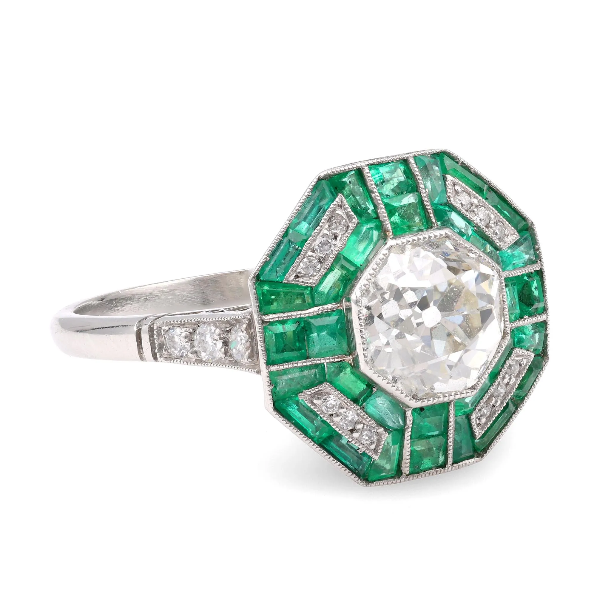 Art Deco Inspired 1.45 Carat Diamond Emerald Platinum Ring