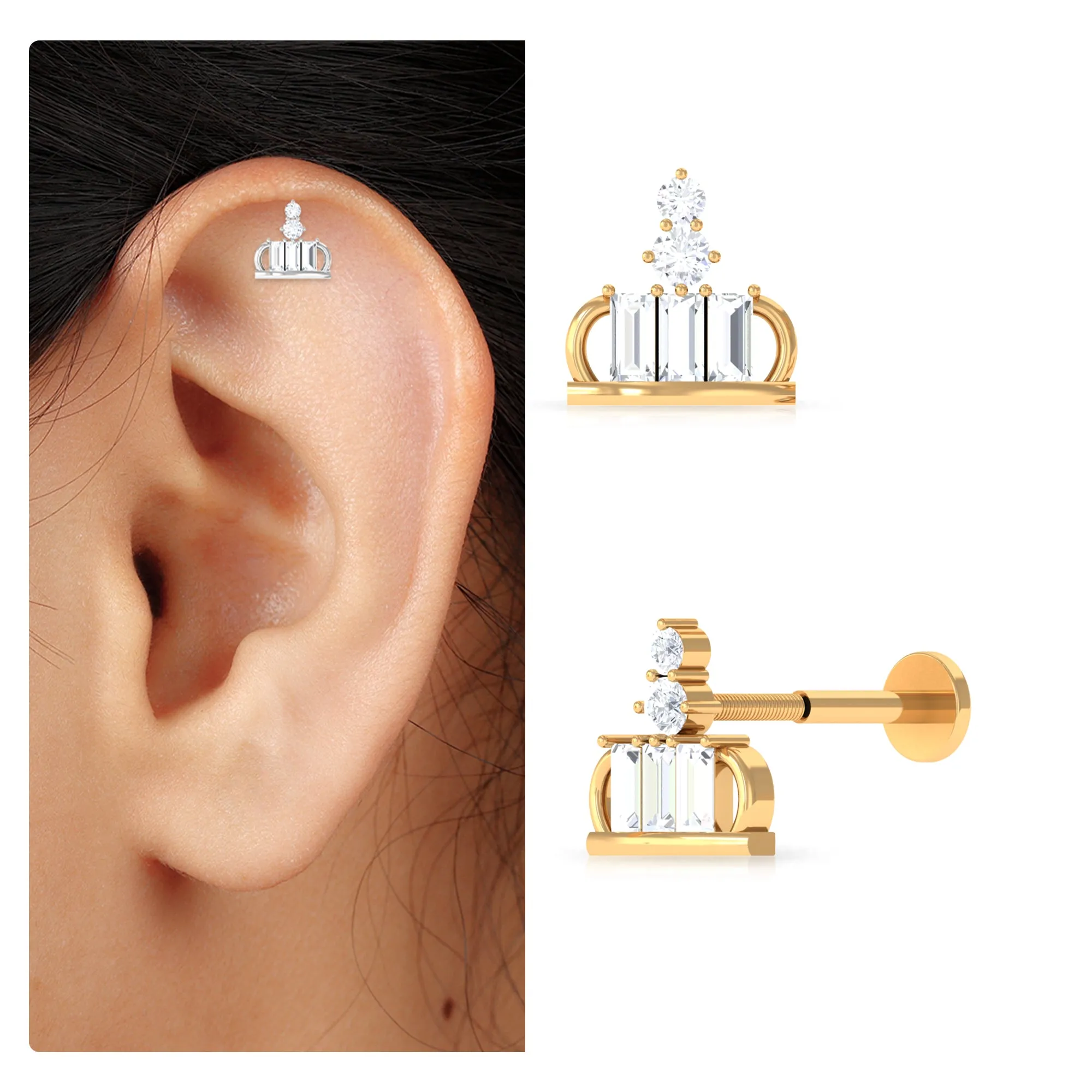 Baguette Moissanite Crown Earring for Cartilage Piercing