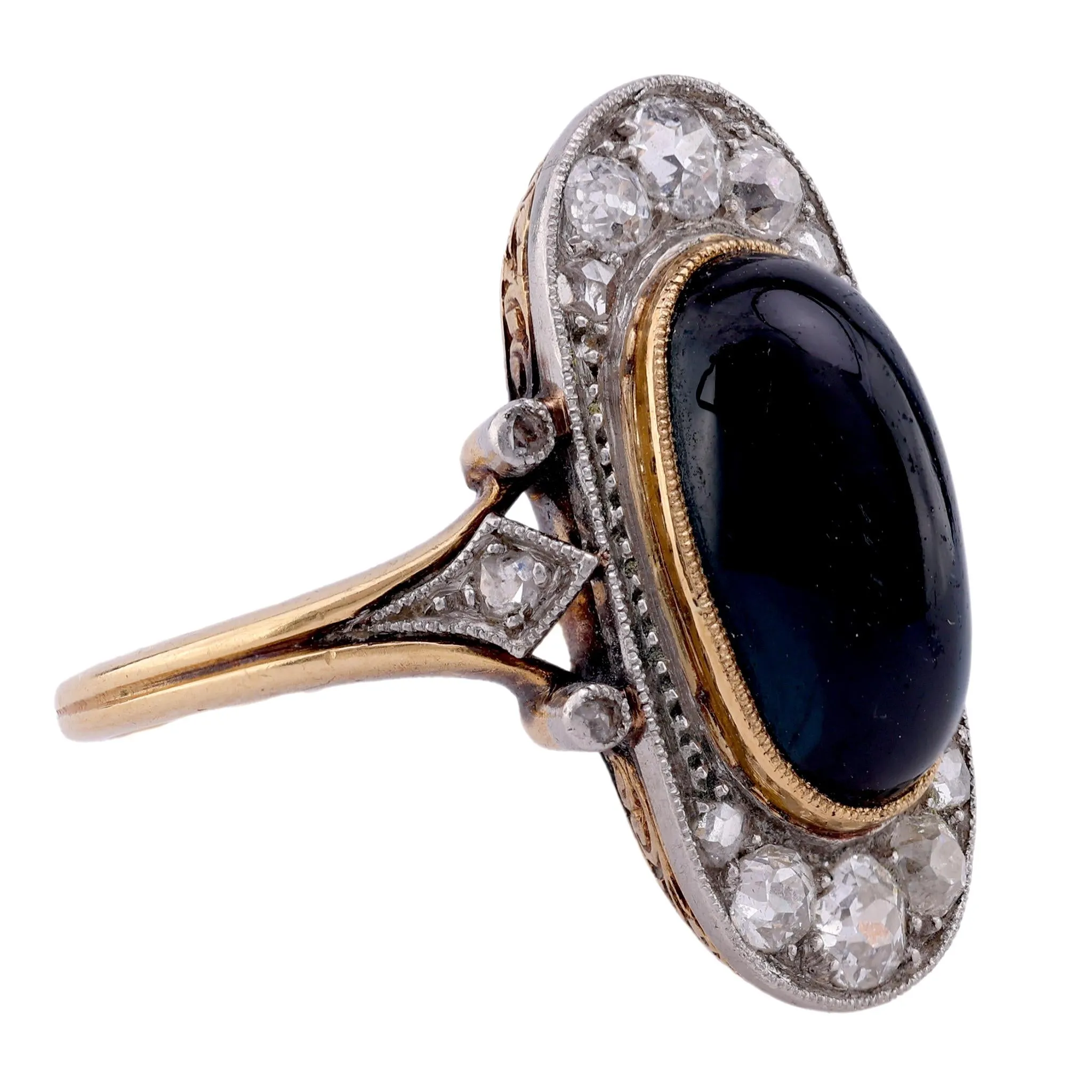 Belle Époque 5.3 Carat Cabochon Sapphire Diamond 18K Yellow Gold Navette Ring