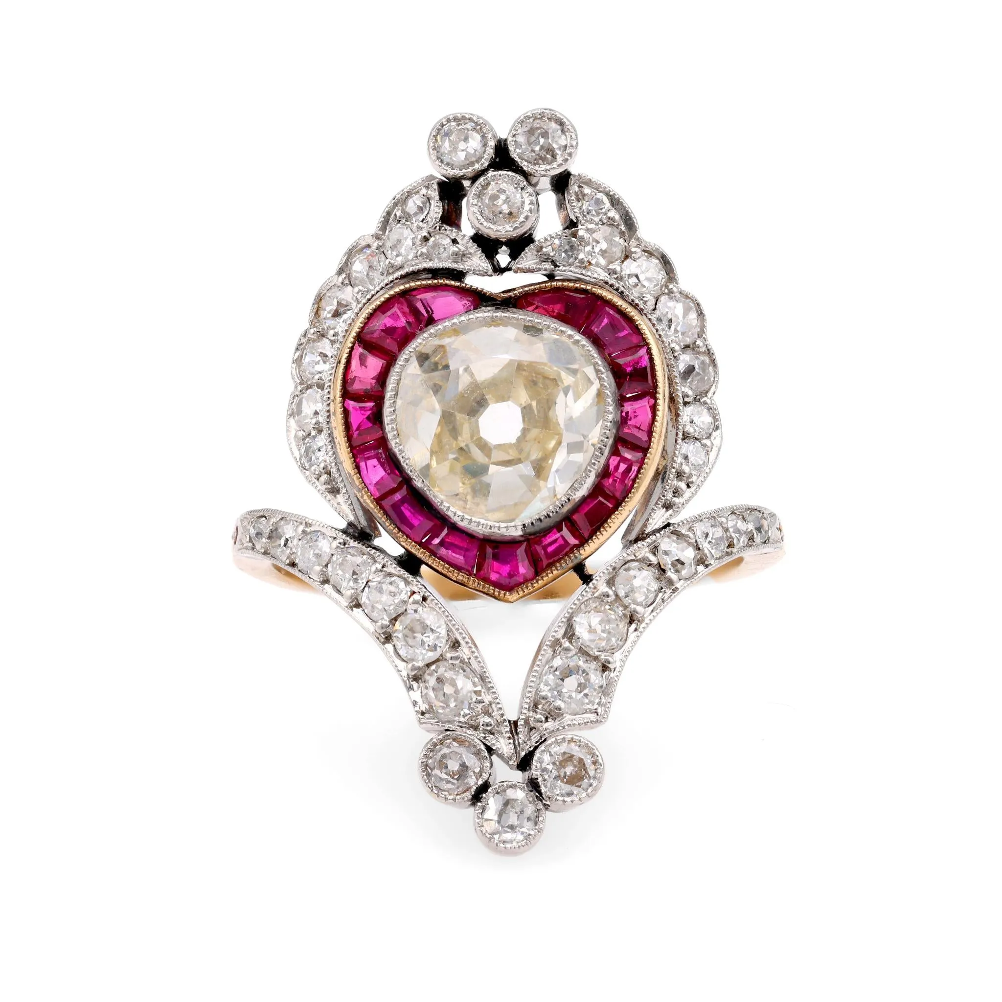 Belle Époque Style  2.12 Carat Diamond Ruby 18K Yellow Gold Cocktail Ring