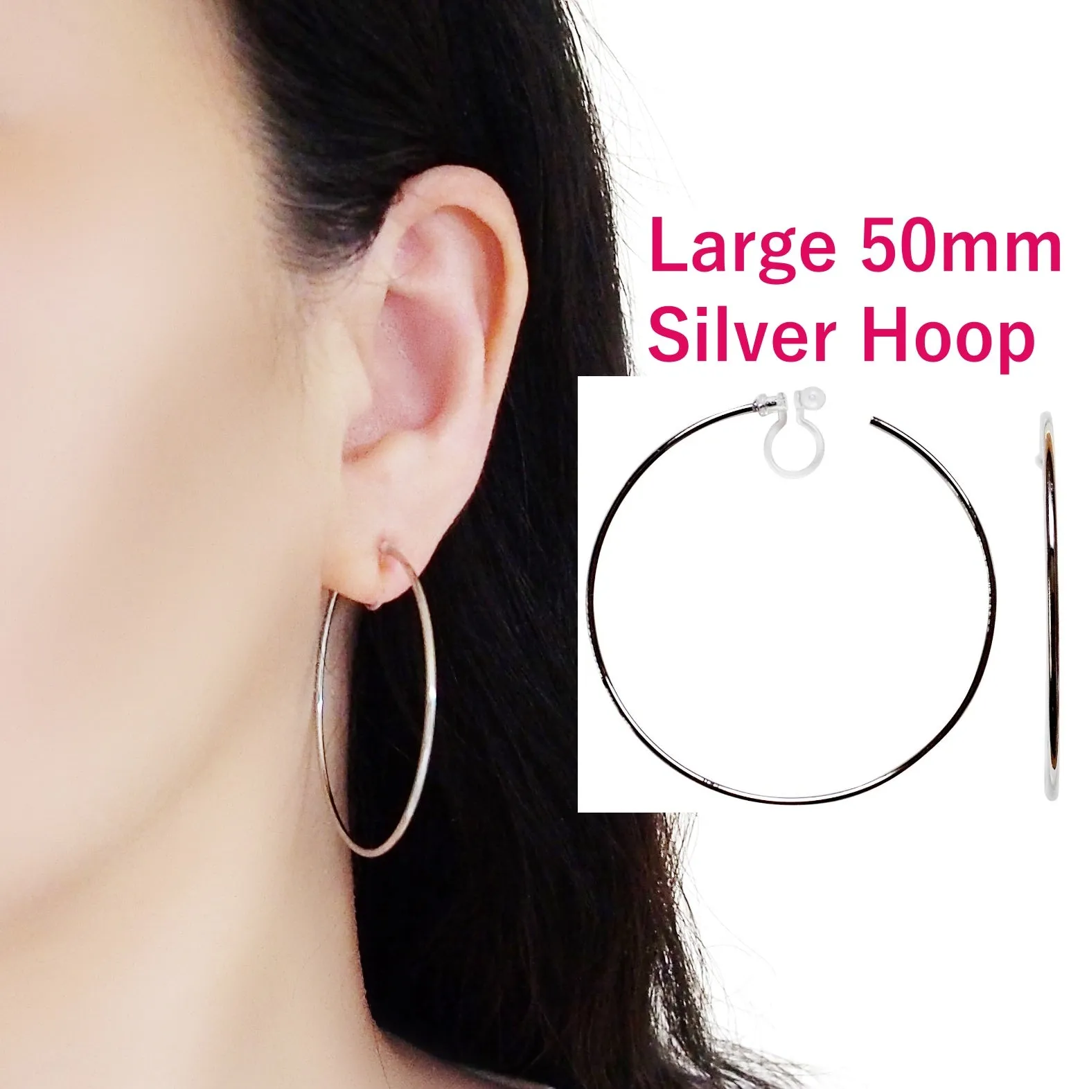 Big Invisible Clip On Hoop Earrings (Silver tone)