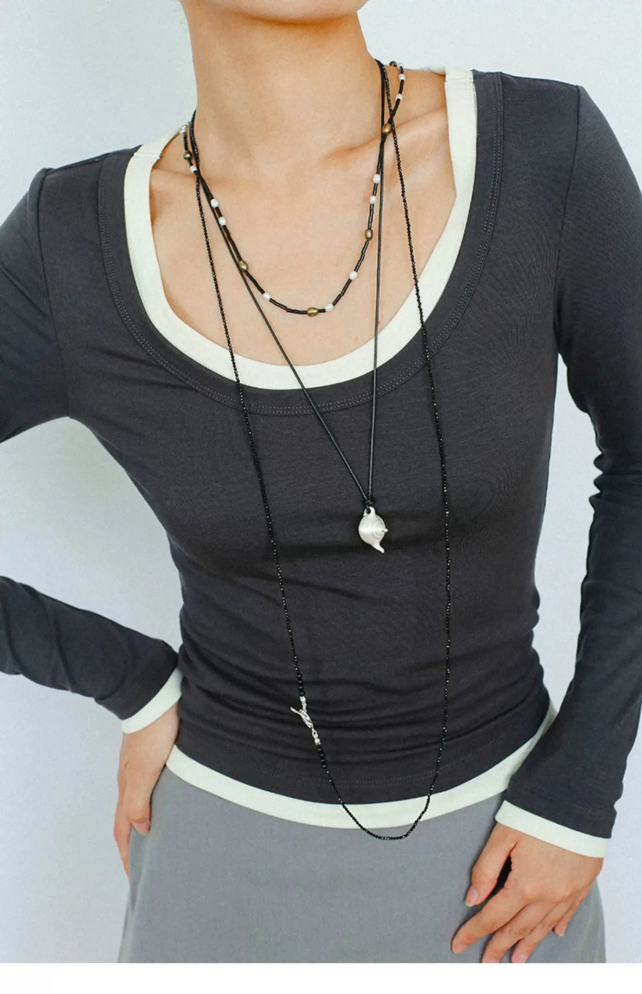 Black Agate Round Tube Freshwater Pearl Long Necklace