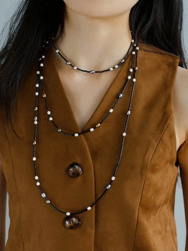 Black Agate Round Tube Freshwater Pearl Long Necklace