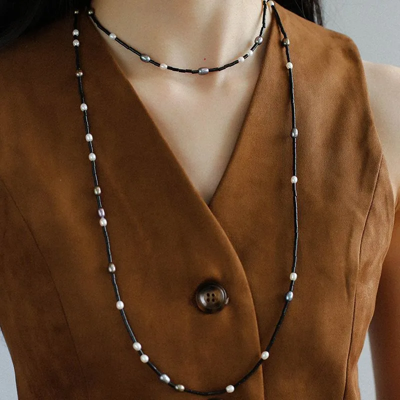 Black Agate Round Tube Freshwater Pearl Long Necklace