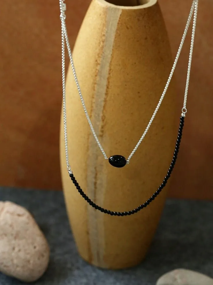 Black Agate Splicing Chain Long Layering Necklace