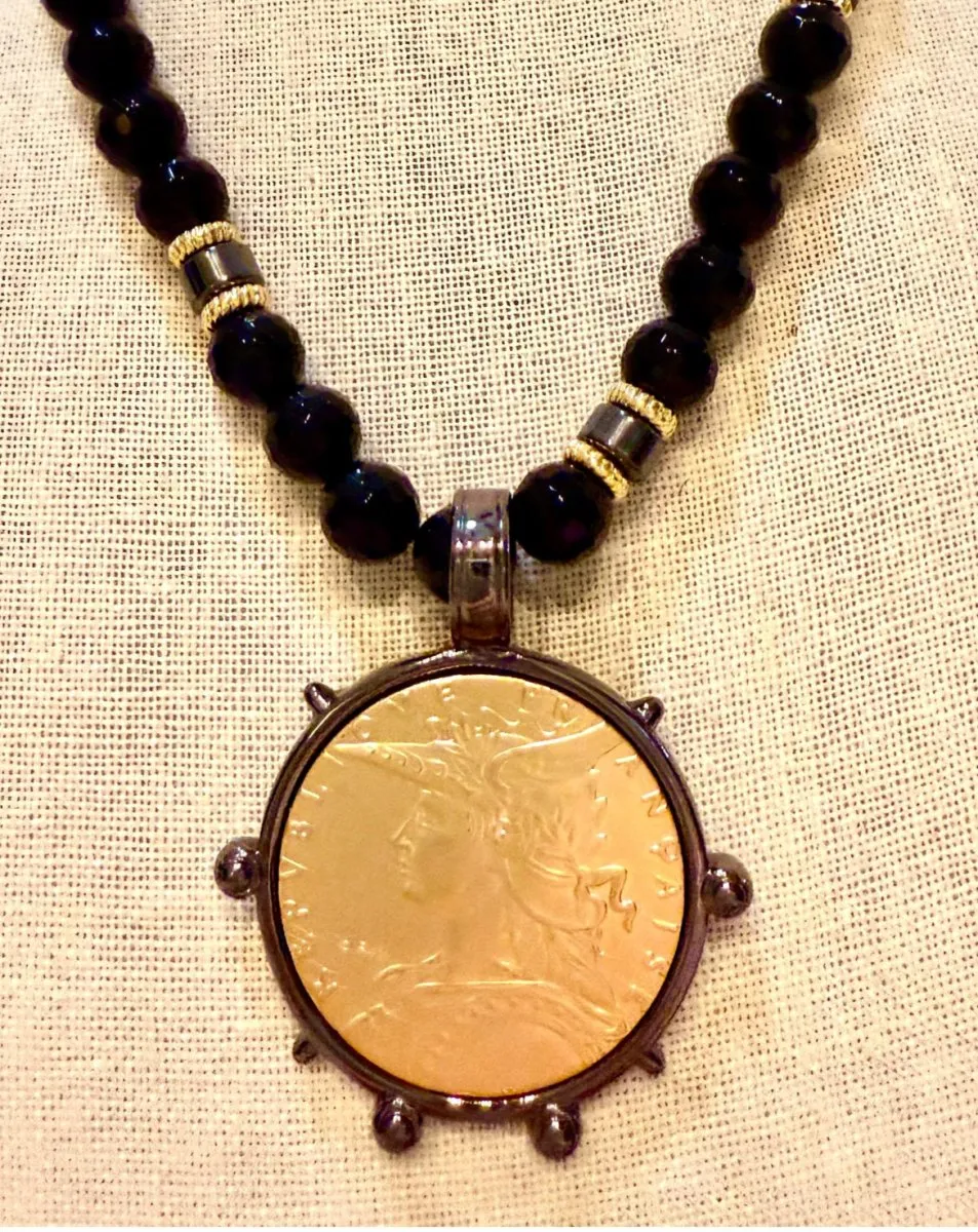 Black Onyx and Coin Pendant Necklace #4