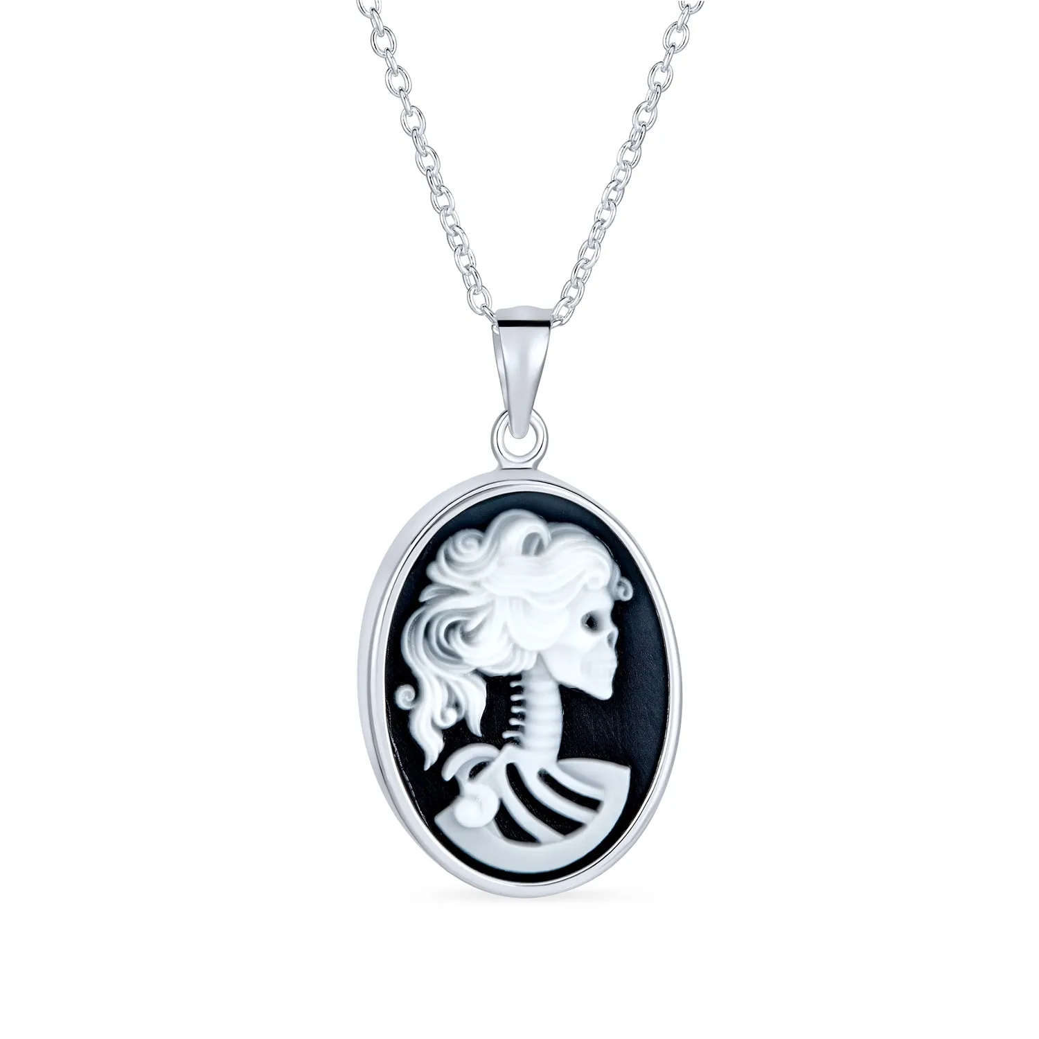 Black Oval Female Lolita Skelton Cameo Pendant Bezel Sterling Silver