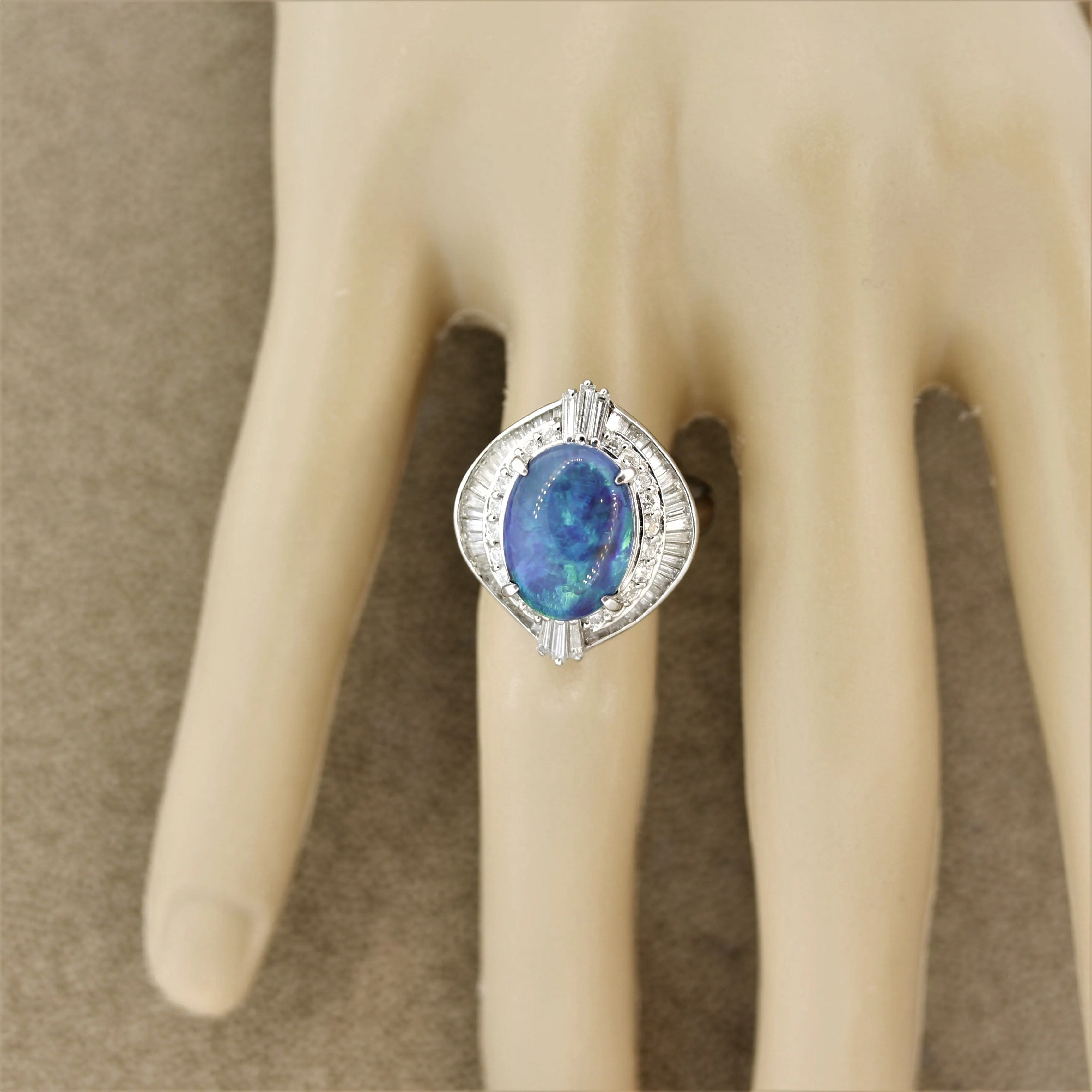 Blue-Green Australian Opal Diamond Platinum Ring