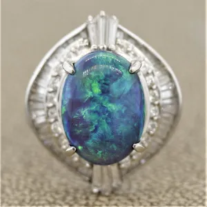 Blue-Green Australian Opal Diamond Platinum Ring