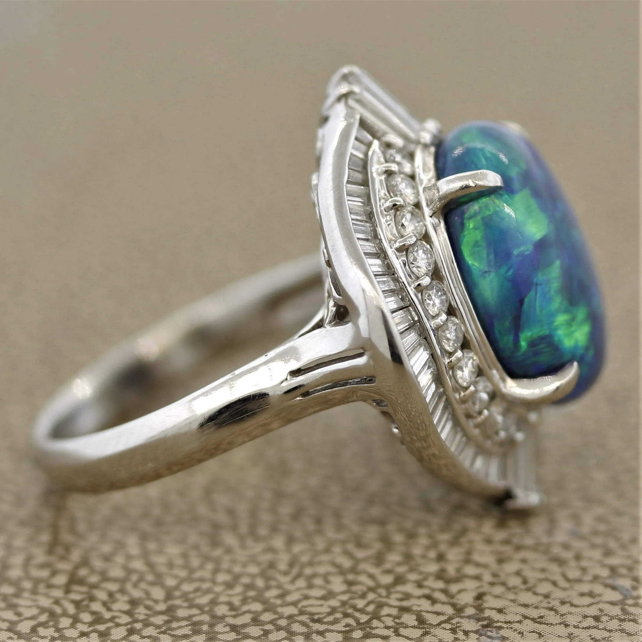 Blue-Green Australian Opal Diamond Platinum Ring