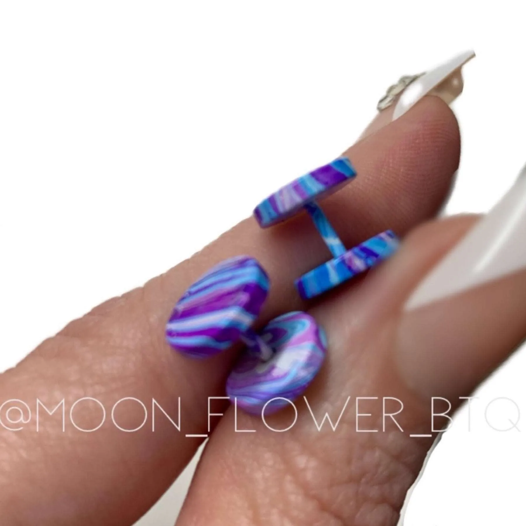 Blue Purple Marble Flat Barbell Earrings