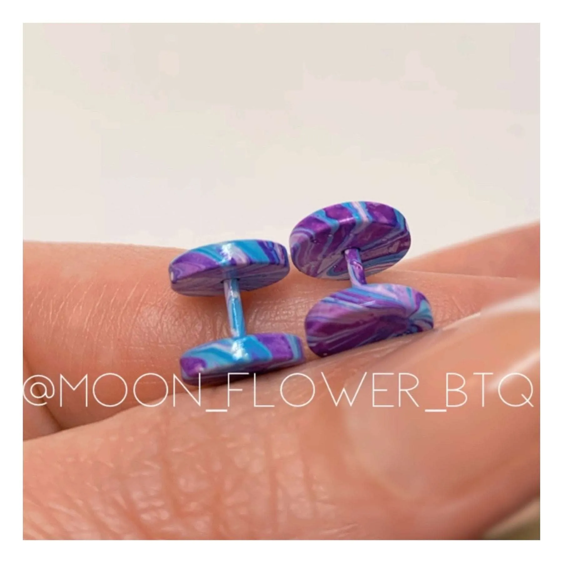 Blue Purple Marble Flat Barbell Earrings