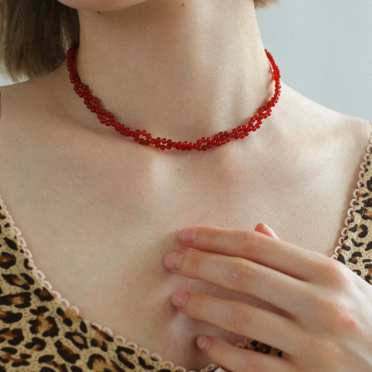 Braided Double Red Black Agate Beaded Choker