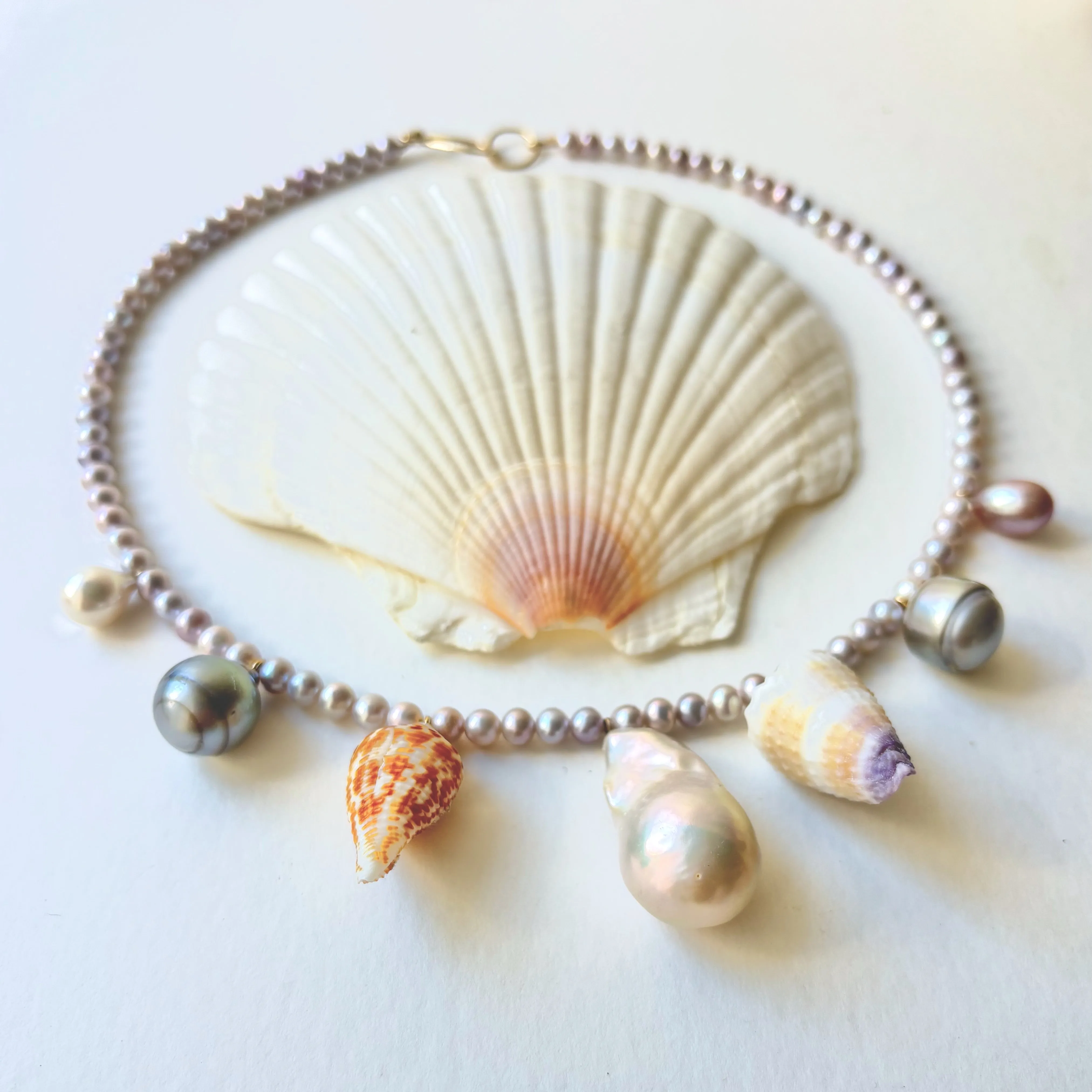 bright and moody seashell and pearl medley necklace