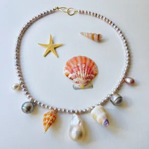 bright and moody seashell and pearl medley necklace