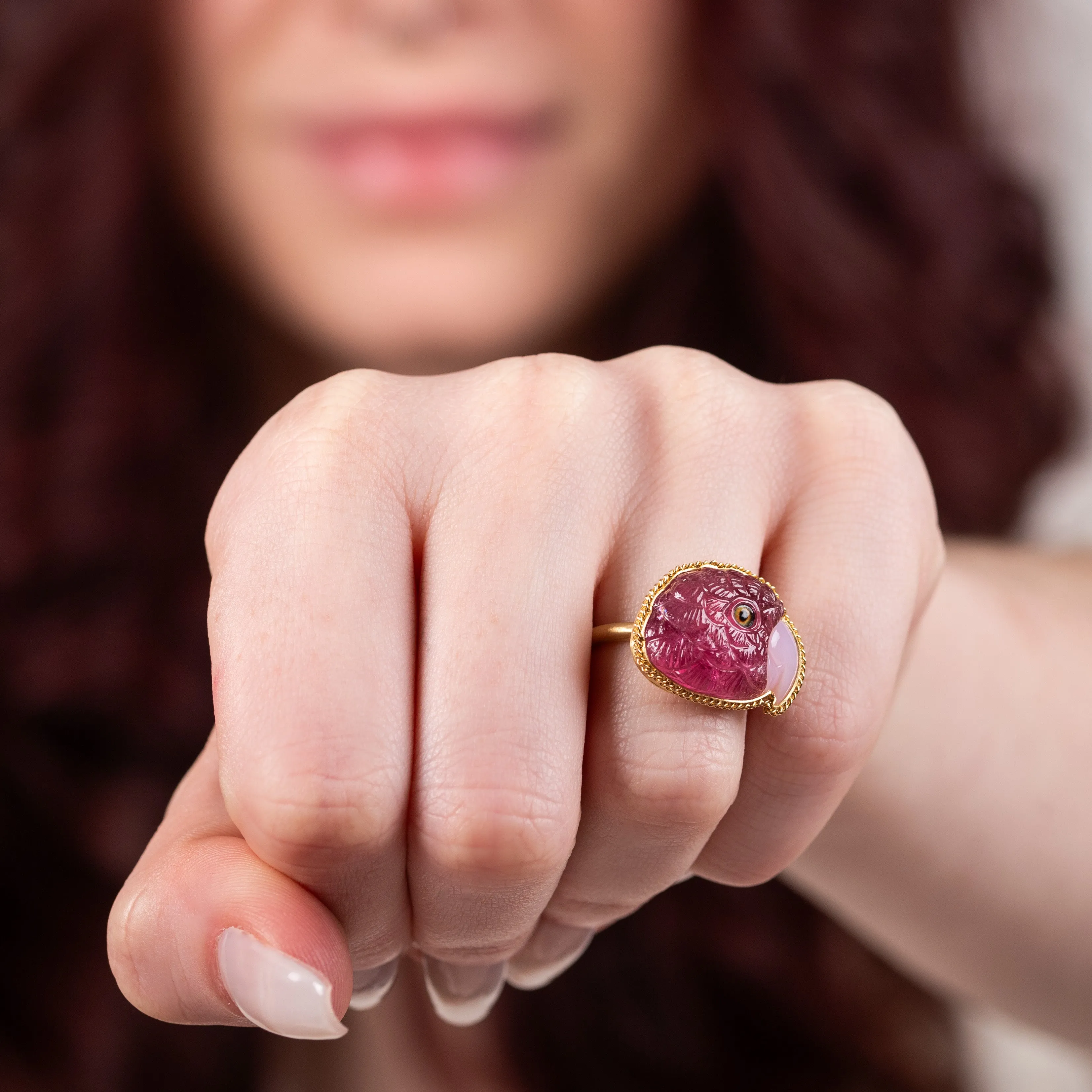 Carved Tourmaline Parrot Ring