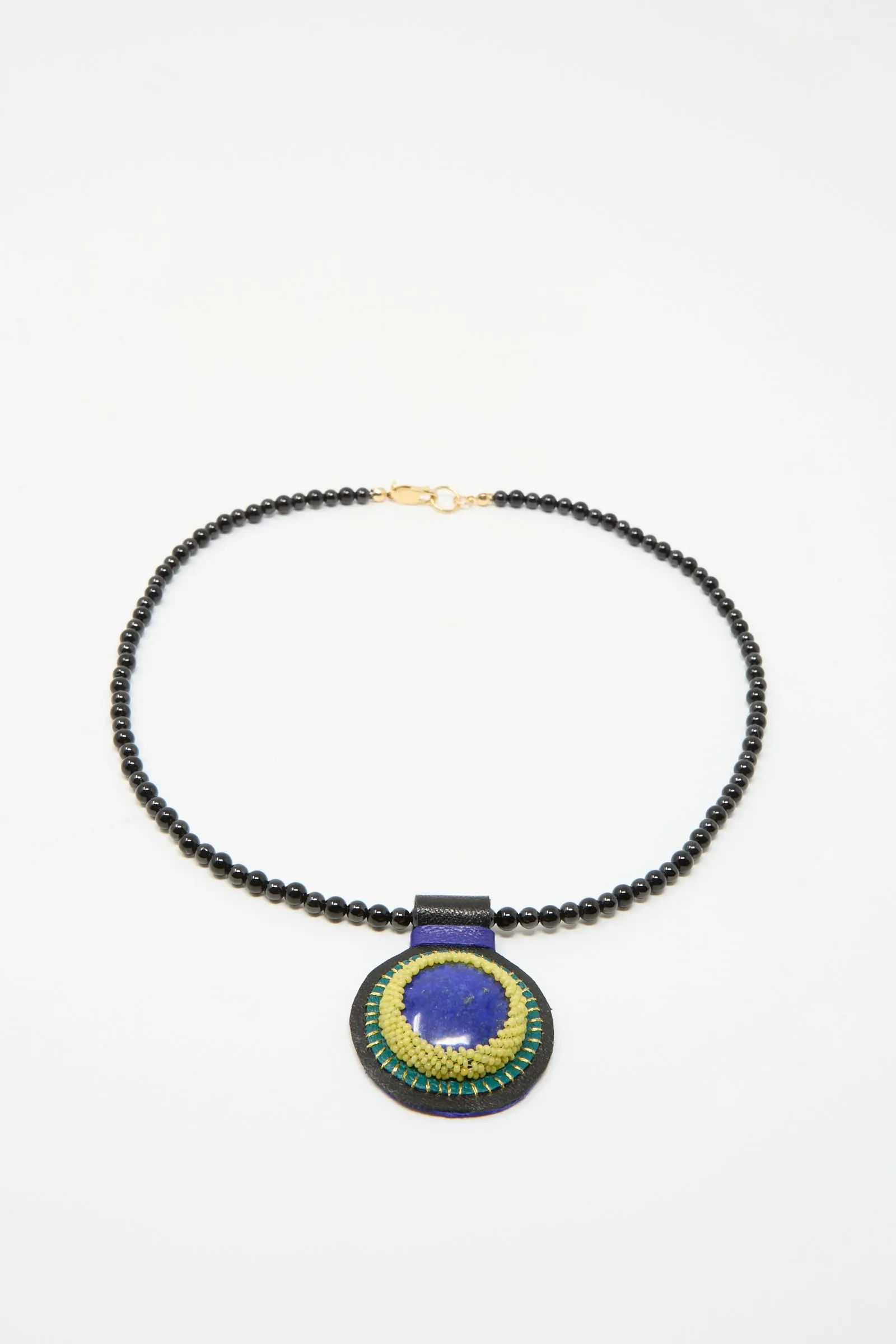 Charm Necklace in Onyx Beads and Lapis Charm