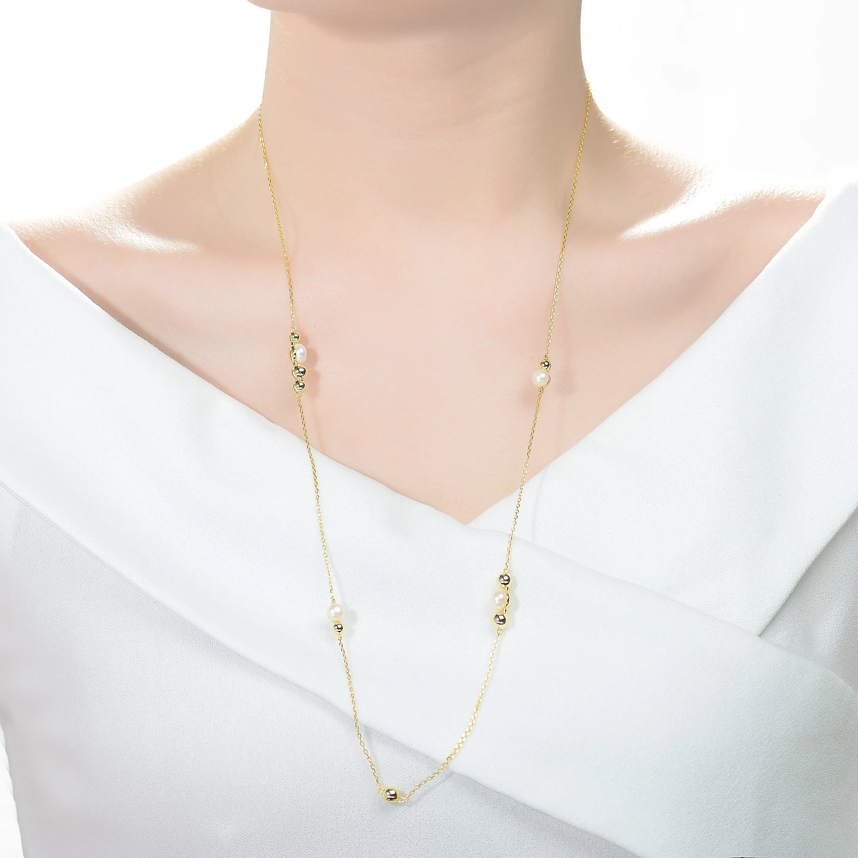 Classy Sterling Silver with Gold Plating and Genuine Freshwater Pearl Station Necklace