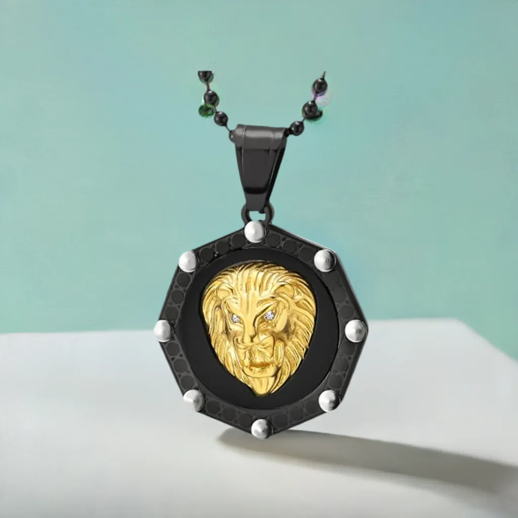 COOLSTEELANDBEYOND Gold Black Lion Head Medal Pendant with CZ and Black Onyx, Mens Stainless Steel Necklace