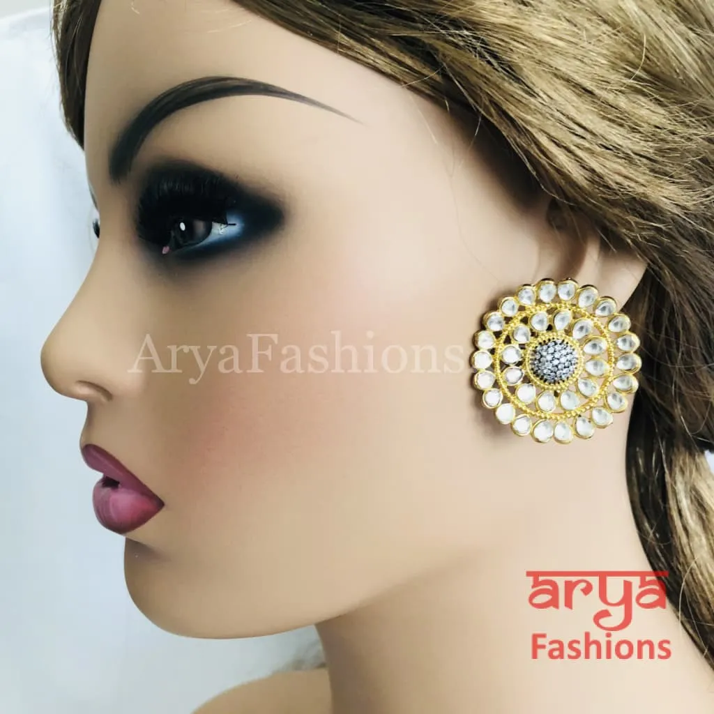 Cubic Zirconia Round Kundan Stud Earrings/Ethnic Earrings