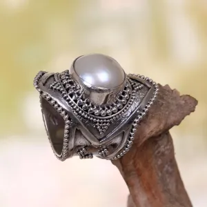 Cultured Mabe Pearl Cocktail Ring from Indonesia - Cotton Flower | NOVICA